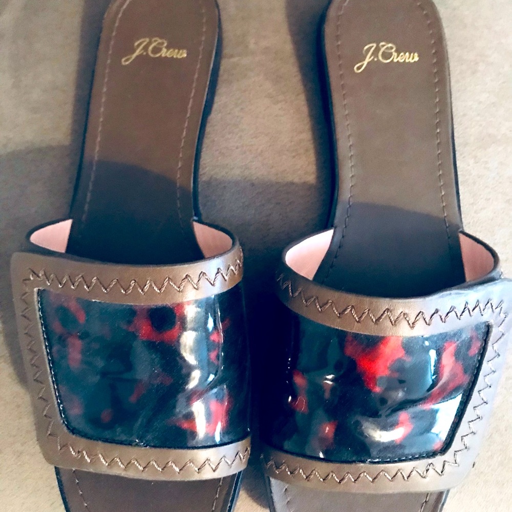 J. Crew Brown Slide Sandals with Red and Black Tortoiseshell Panel